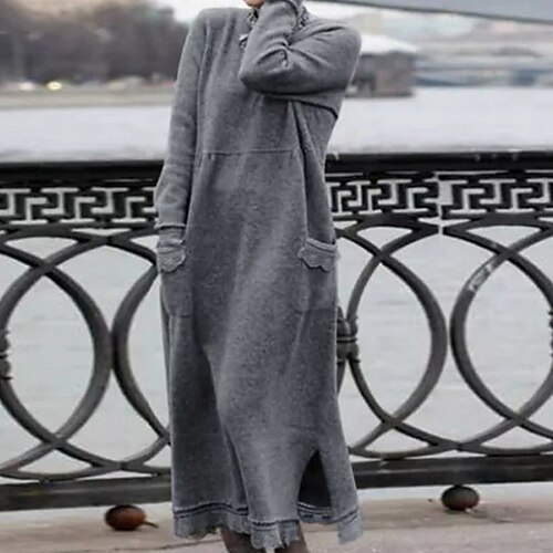 

Women's Plus Size Casual Dress Pure Color Turtleneck Long Sleeve Fall Winter Casual Maxi long Dress Causal Daily Dress