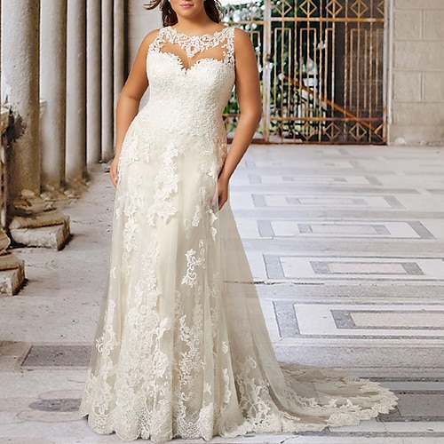 

A-Line Plus Size Curve Wedding Dresses Luxurious Dress Formal Evening Court Train Sleeveless Jewel Neck Lace with Appliques 2022