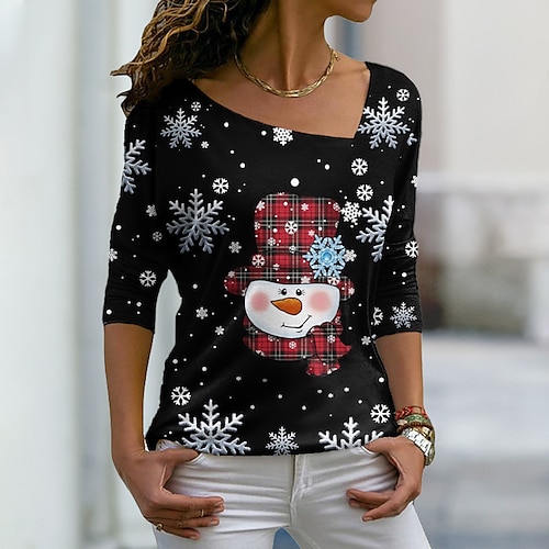 

Women's T shirt Tee Black Snowman Snowflake Print Long Sleeve Christmas Weekend Basic V Neck Regular Floral Painting S