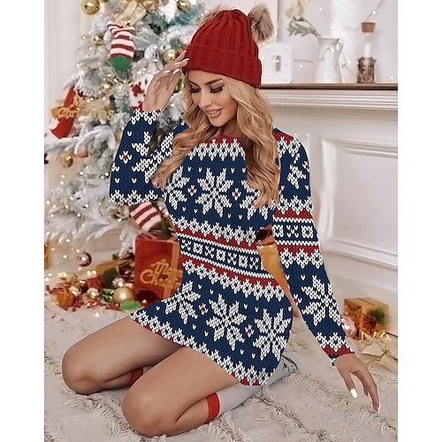 

damen weihnachten, figurbetontes druckkleid minikleid grün blau hellrot dunkelblau rot langarm elch baum schneeflocke druck winter herbst rundhalsausschnitt mode lässig 2022 s m l xl 2xl 3xl 4xl 5xl