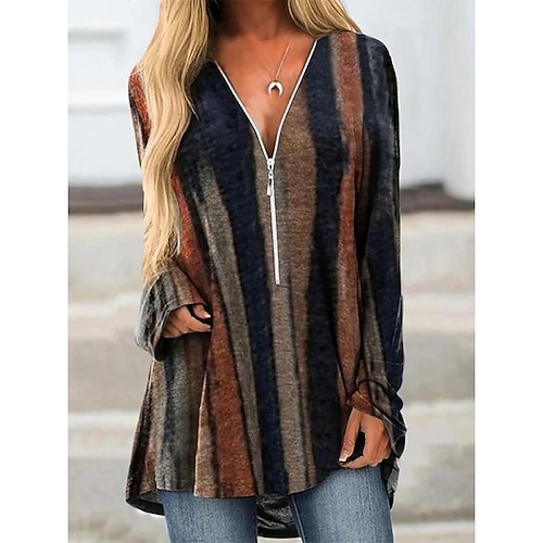 

Women's Shirt Black Color Block Quarter Zip Print Long Sleeve Casual Basic V Neck Long S
