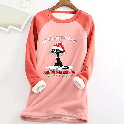

Women's Plus Size Christmas Tops Fleece Pullover Sweatshirt Animal Cat Print Long Sleeve Casual Festival Sherpa Fleece Daily Cotton Blend Winter Fall Blue Pink