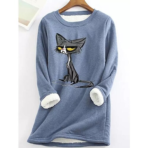 

Women's Sweatshirt Pullover Sherpa Fleece Blue Pink Yellow Cat Street Round Neck Long Sleeve Fleece S M L XL 2XL 3XL / Fleece lined