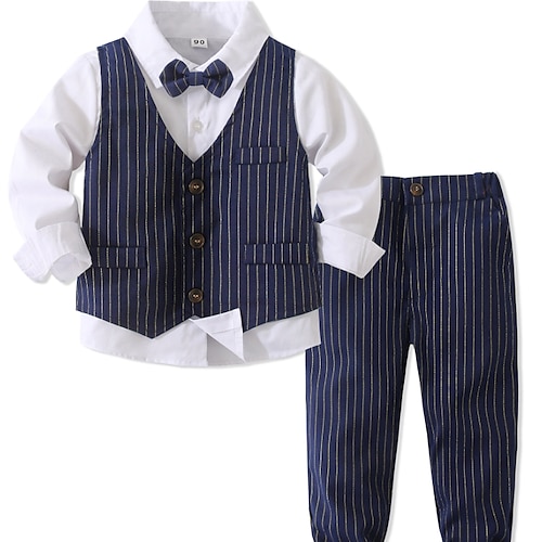 

4 Pieces Toddler Boys Shirt & Pants Clothing Set Outfit Stripe Long Sleeve Set Anniversary Fashion Winter Fall 3-7 Years Blue