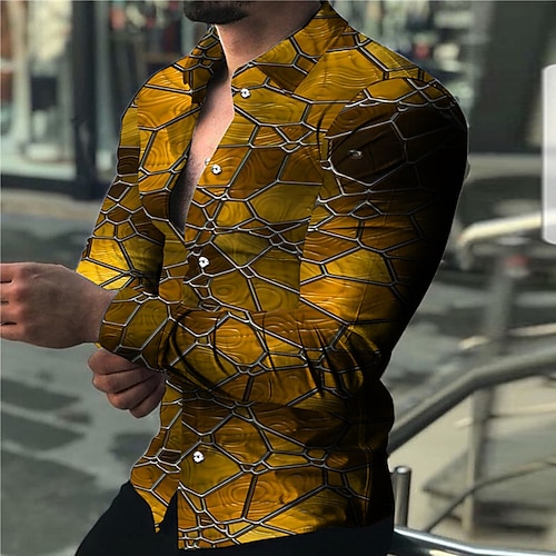 

Men's Shirt Color Block Turndown Yellow 3D Print Outdoor Street Long Sleeve Button-Down Print Clothing Apparel Fashion Designer Casual Breathable