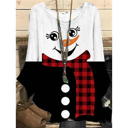 

Women's Plus Size Christmas Tops Blouse Shirt Snowman Print Long Sleeve Crewneck Casual Daily Polyester Winter Fall White