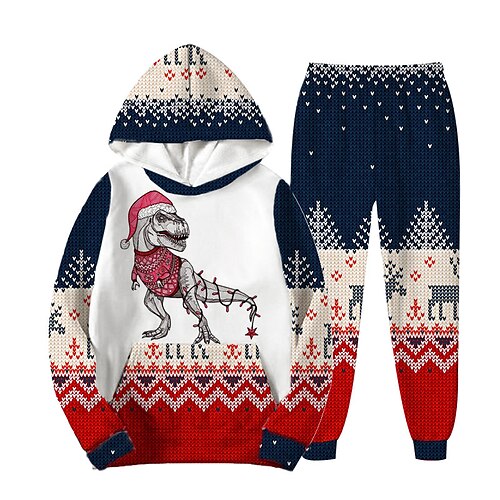 

2 Pieces Kids Boys Ugly Christmas Hoodie & Pants Outfit Animal Dinosaur Snowflake Long Sleeve Set Casual Fashion Cool Winter Fall 7-13 Years Green Red