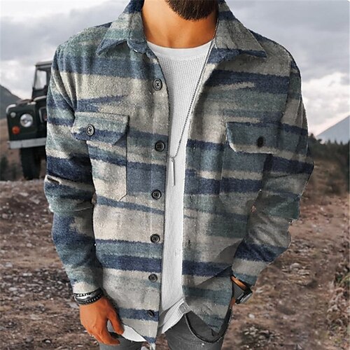 

Men's Jacket With Pockets Daily Wear Vacation Going out Single Breasted Turndown Streetwear Sport Casual Jacket Outerwear Graphic Geometry Front Pocket Print Blue