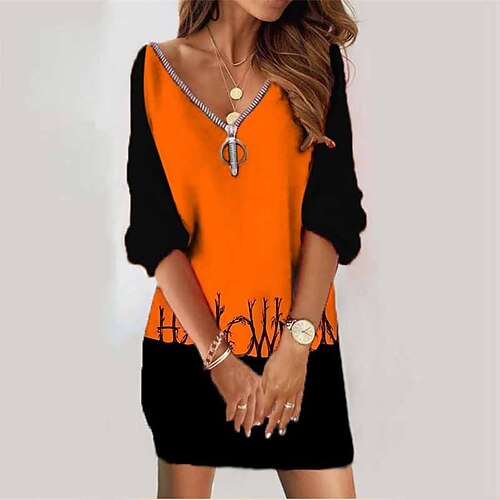 

Women's Sweatshirt Dress Shift Dress Short Mini Dress Yellow Orange Long Sleeve Letter Pumpkin Zipper Print Fall Winter V Neck Vacation Casual Halloween 2022 S M L XL XXL 3XL