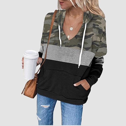 

Women's Hoodie Pullover Green Black Hooded Leopard Print Camo / Camouflage Print Daily Going out Casual Clothing Apparel Hoodies Sweatshirts