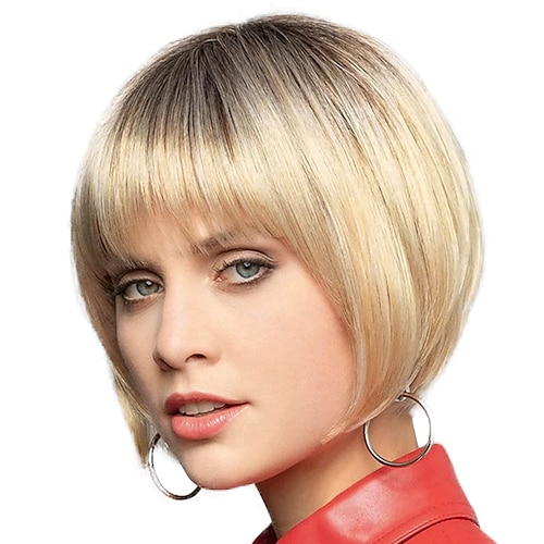 

Synthetic Wig Natural Straight Short Bob Neat Bang Wig 10 inch Black / Gold Synthetic Hair 10 inch Women's Color Gradient Highlighted / Balayage Hair Comfy Black / Blonde