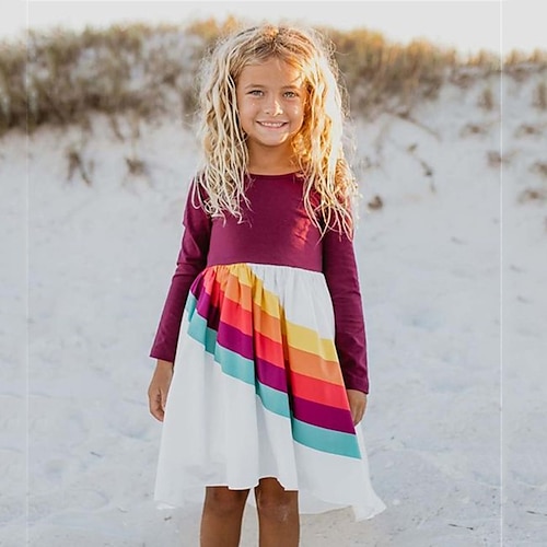 

Kids Girls' Dress Rainbow Casual Dress Above Knee Dress Casual Crewneck Long Sleeve Adorable Dress 3-10 Years Winter Wine / Fall