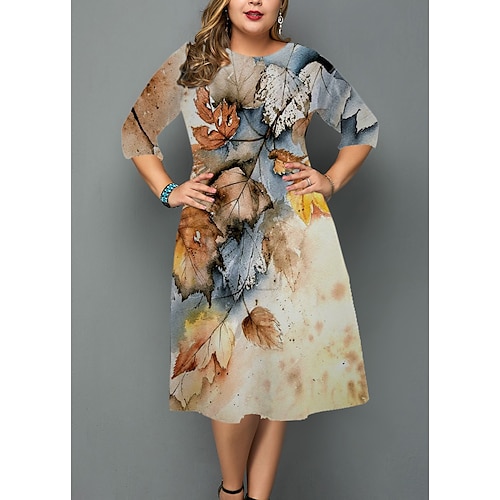 

Women's Plus Size Casual Dress Geometric Crew Neck 3/4 Length Sleeve Winter Fall Stylish Casual Midi Dress Daily Vacation Dress