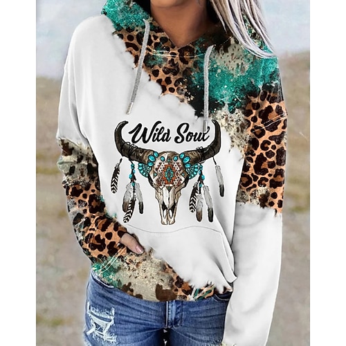 

Women's Pullover Vintage Ethnic Front Pocket Gray Leopard Tribal Home Hoodie Long Sleeve S M L XL 2XL