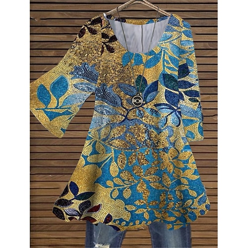 

Women's Plus Size Tops Blouse Shirt Floral Print 3/4 Length Sleeve Crewneck Casual Daily Holiday Cotton Spandex Jersey Fall Winter Blue