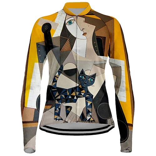 

21Grams Women's Cycling Jersey Long Sleeve Bike Jersey Top with 3 Rear Pockets Mountain Bike MTB Road Bike Cycling Breathable Quick Dry Moisture Wicking Reflective Strips Yellow Cat Spandex Sports