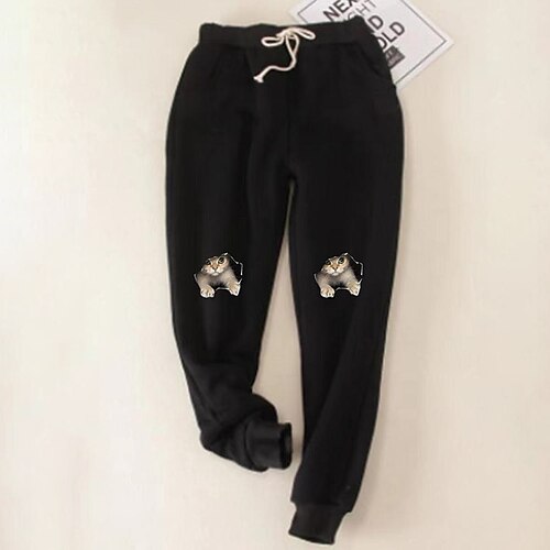 

Women's Plus Size Fleece Pants Chinos Pocket Print Cat Cat Casual Daily Going out Natural Full Length Winter Fall Black Blue Light Grey L XL XXL 3XL