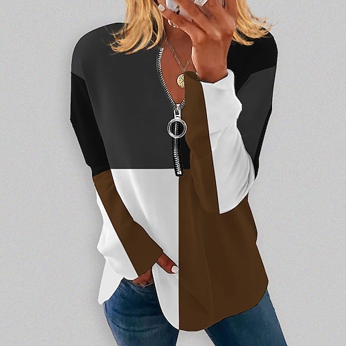 

Women's Shirt Green Blue Purple Color Block Quarter Zip Print Long Sleeve Casual Streetwear V Neck Regular Geometric S