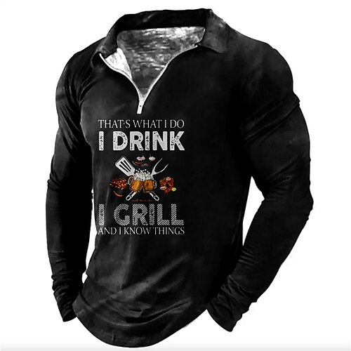 

Men's Collar Polo Shirt Golf Shirt Letter Graphic Prints Beer Turndown Black Blue 3D Print Outdoor Street Long Sleeve Zipper Print Clothing Apparel Fashion Designer Casual Breathable