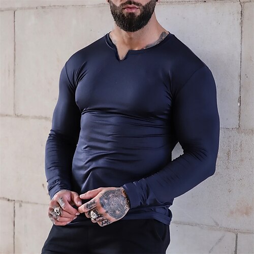 

Men's T shirt Tee Solid Color V Neck Navy Blue Street Daily Long Sleeve Clothing Apparel Fashion Designer Casual Comfortable