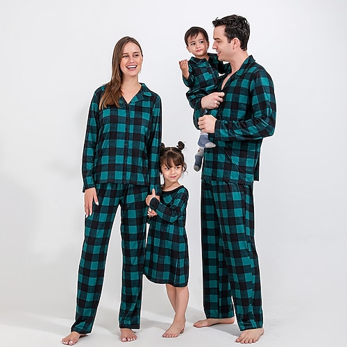 

Family Look Christmas Pajamas Plaid Home Green Long Sleeve Basic Matching Outfits