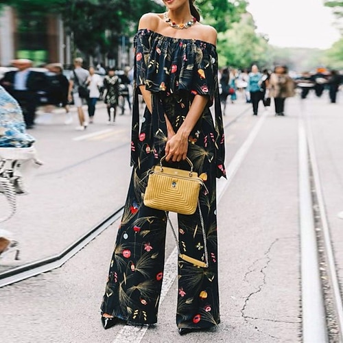 

Women's Jumpsuit Backless High Waist Floral Off Shoulder Streetwear Street Daily Regular Fit Half Sleeve Navy Blue S M L Spring / Print