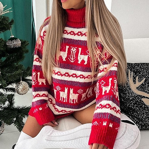 

Women's Ugly Christmas Sweater Pullover Sweater Jumper Ribbed Knit Knitted Color Block Turtleneck Stylish Casual Outdoor Christmas Winter Fall Red Gray S M L / Long Sleeve / Weekend / Holiday