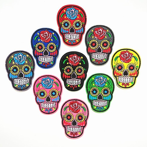 

9PCS Skull Patches Embroidery Sew On Appliques Ghost Head Cloth Chest Sticker with Day of The Dead Badges Logo for Free DIY Decoration Coat, Jackets, Jean