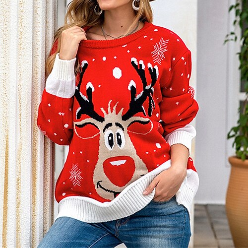 

Women's Ugly Christmas Sweater Pullover Sweater Jumper Ribbed Knit Knitted Elk Crew Neck Stylish Casual Outdoor Christmas Winter Fall Wine Red S M L / Long Sleeve / Weekend / Holiday / Regular Fit