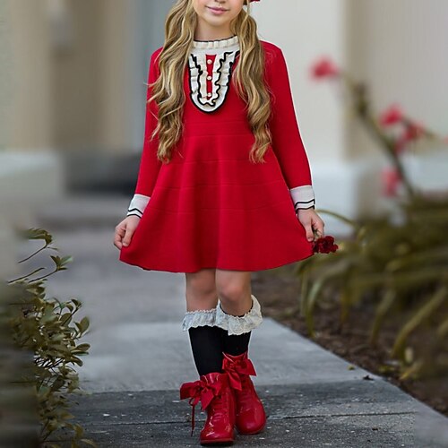 

Kids Girls' Dress Solid Color Sweater Dress Dress Outdoor Long Sleeve Fashion Dress 3-7 Years Winter Pink Red