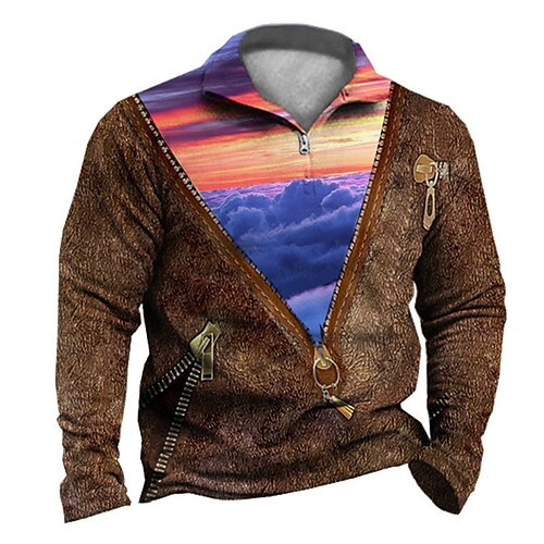 

Men's Zip Up Sweatshirt Pullover Brown Half Zip Graphic Prints Landscape Zipper Print Daily Sports 3D Print Designer Casual Big and Tall Spring & Fall Clothing Apparel Hoodies Sweatshirts Long