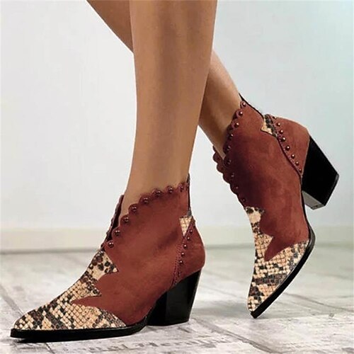 

Women's Boots Combat Boots Booties Ankle Boots Rivet Chunky Heel Pointed Toe Nubuck Zipper Fall Winter Snake Light Brown Beige Black