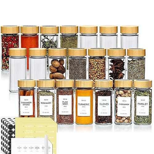 12Pcs Glass Spice Jars with Bamboo Lid Spice Seasoning Containers Salt  Pepper Shakers Home Organizer Kitchen Spice Jar Set