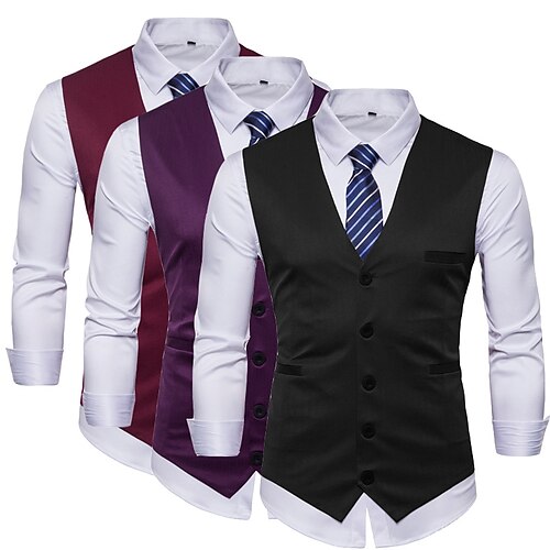 

Men's Vest Outdoor Comfortable Daily Wear Going out Office & Career Single Breasted V Wire Business Traditional / Classic Jacket Outerwear Pure Color Button Pocket Wine Purple Black