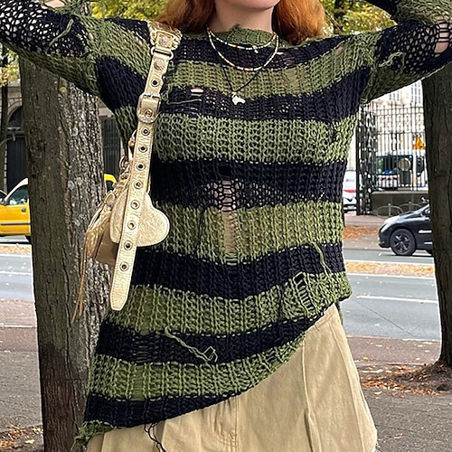

Women's Pullover Sweater jumper Jumper Crochet Knit Knitted Hole Striped Crew Neck Stylish Vintage Style Outdoor Daily Winter Fall Green S M L / Long Sleeve