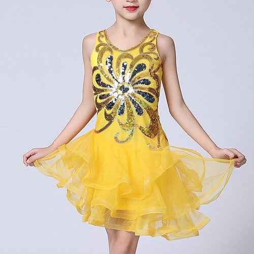 

Latin Dance Kids' Dancewear Dress Printing Pure Color Splicing Girls' Performance Training Sleeveless High Polyester