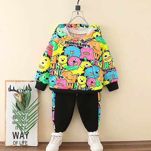 

2 Pieces Toddler Boys Hoodie & Pants Outfit Cartoon Long Sleeve Pocket Cotton Set Outdoor Fashion Daily Winter Fall 3-7 Years Yellow