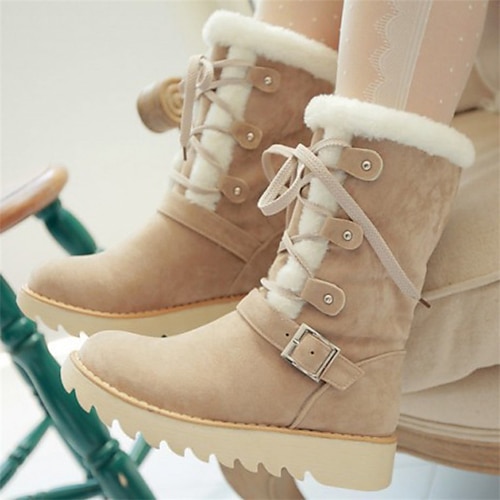 

Women's Boots Outdoor Daily Snow Boots Plus Size Mid Calf Boots Winter Flat Heel Round Toe Casual Minimalism PU Leather Lace-up Solid Colored Almond