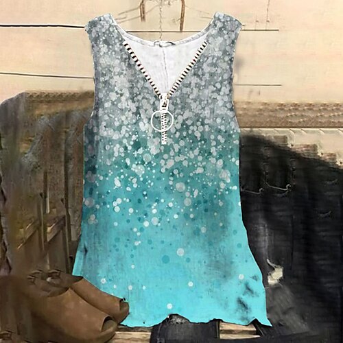 

Mujer Talla extra Tops Camiseta sin mangas Gradiente de Color Cremallera Estampado Sin Mangas Escote en Pico Ropa de calle Diario Festivos Jersey de algodón spandex Primavera Verano Azul Piscina