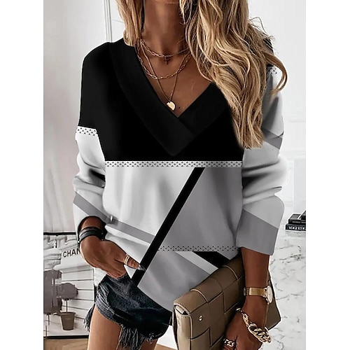 

Women's Shirt Gray Color Block Print Long Sleeve Casual Basic V Neck Regular Geometric S