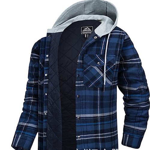 

Men's Puffer Jacket Winter Jacket Quilted Jacket Shirt Jacket Winter Coat Warm Casual Plaid / Check Outerwear Clothing Apparel Wine Black White khaki