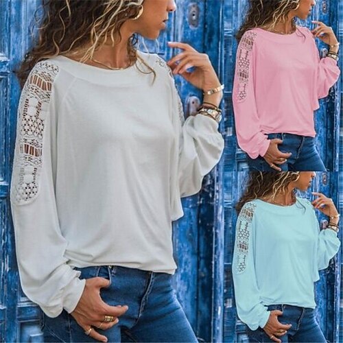 

Women's T shirt Tee Hollow Out Solid / Plain Color Basic Round Neck Standard Spring, Fall, Winter, Summer Pink Sky Blue White Black