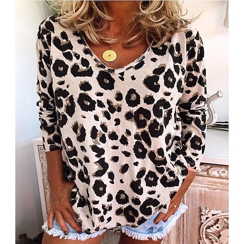 

Women's T shirt Tee Pink khaki Coffee Leopard Print Long Sleeve Casual Basic V Neck Regular Painting S