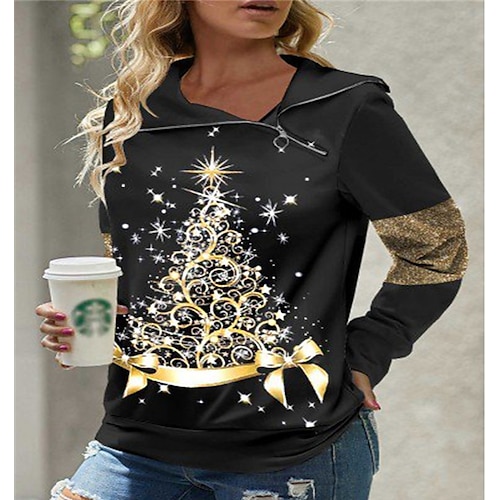 

Women's Sweatshirt Pullover Streetwear Christmas Zipper Black Graphic Christmas V Neck Long Sleeve S M L XL 2XL 3XL