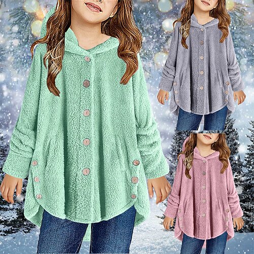 

Kids Girls' Fleece Jacket Solid Color Cute Button Casual Coat Outerwear 2-12 Years Winter Green Pink Gray / Fall