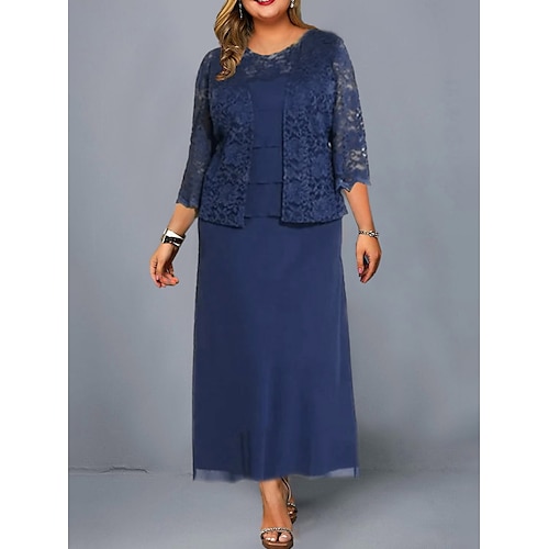 

Women's Plus Size Dress Set Graphic Crew Neck 3/4 Length Sleeve Fall Winter Work Formal Maxi long Dress Date Work Dress