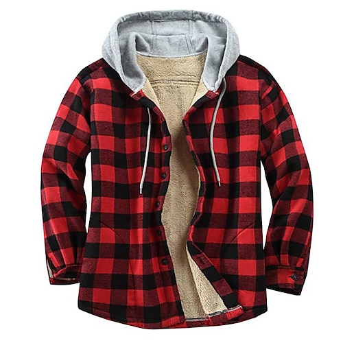 

Men's Shirt Jacket Overshirt Outdoor Casual Daily Going out Festival Single Breasted Hooded Contemporary Traditional Classic Jacket Outerwear Grid Plaid Patterns Hooded