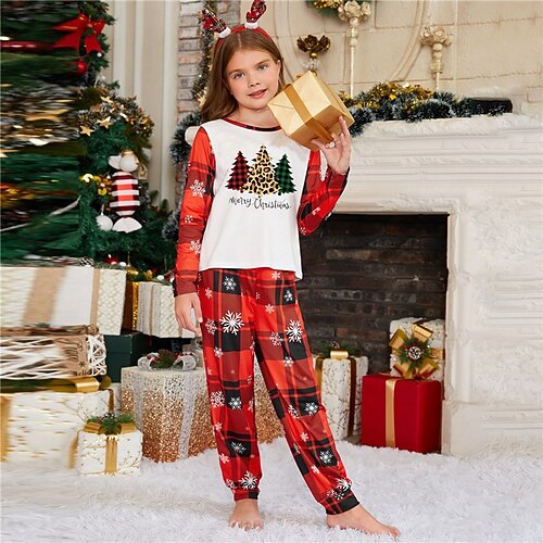 

2 Pieces Kids Girls' Ugly Christmas Plaid Crewneck Pants Suit Set Long Sleeve Cute Christmas Gifts 7-13 Years Winter Red