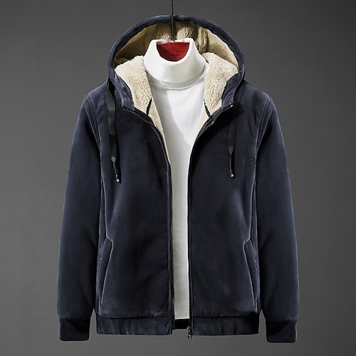 

Men's Sherpa jacket Fleece Jacket Hoodie Jacket Outdoor Casual / Daily Daily Wear Vacation Going out Zipper Hooded Comfort Zipper Front Leisure Jacket Outerwear Solid Color Zipper Pocket Black Dark