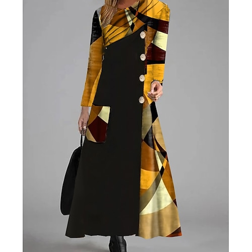 

Women's Swing Dress Long Dress Maxi Dress Black Long Sleeve Color Block Patchwork Button Pocket Winter Fall V Neck Stylish Modern Fall Dress 2022 S M L XL XXL 3XL / Winter Dress / Print
